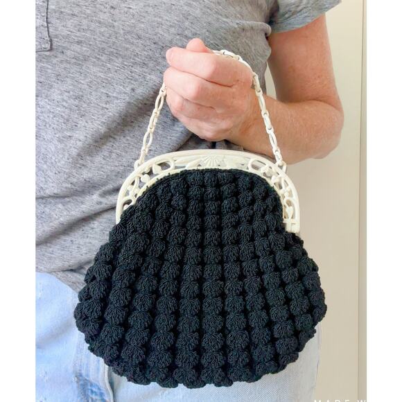 Vintage 40-50s Popcorn Crochet Woven Evening Bag Celluloid Strap Retro Dainty - Picture 1 of 8